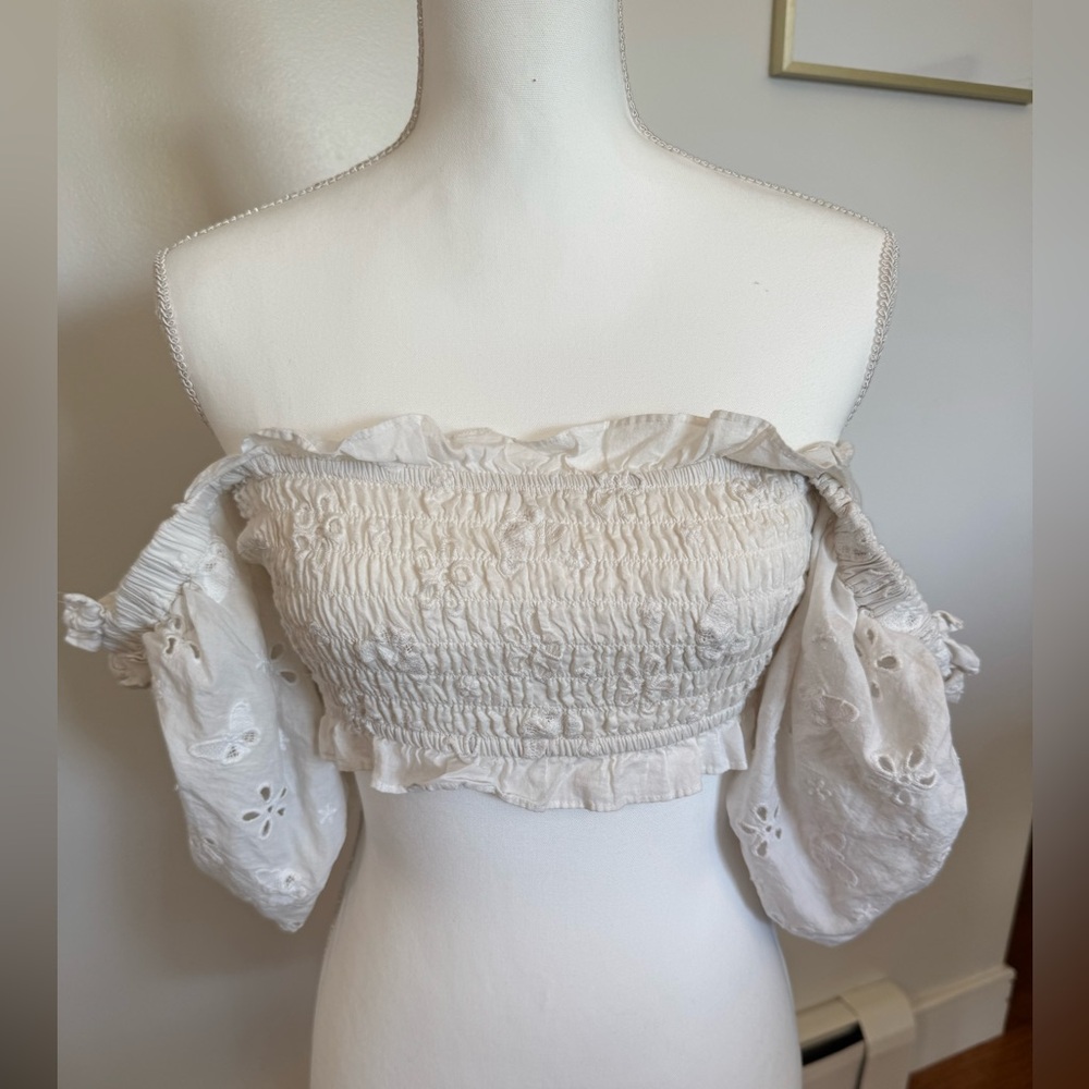 For Love And Lemons White Eyelet Off the Shoulder Cropped Top Size Small
